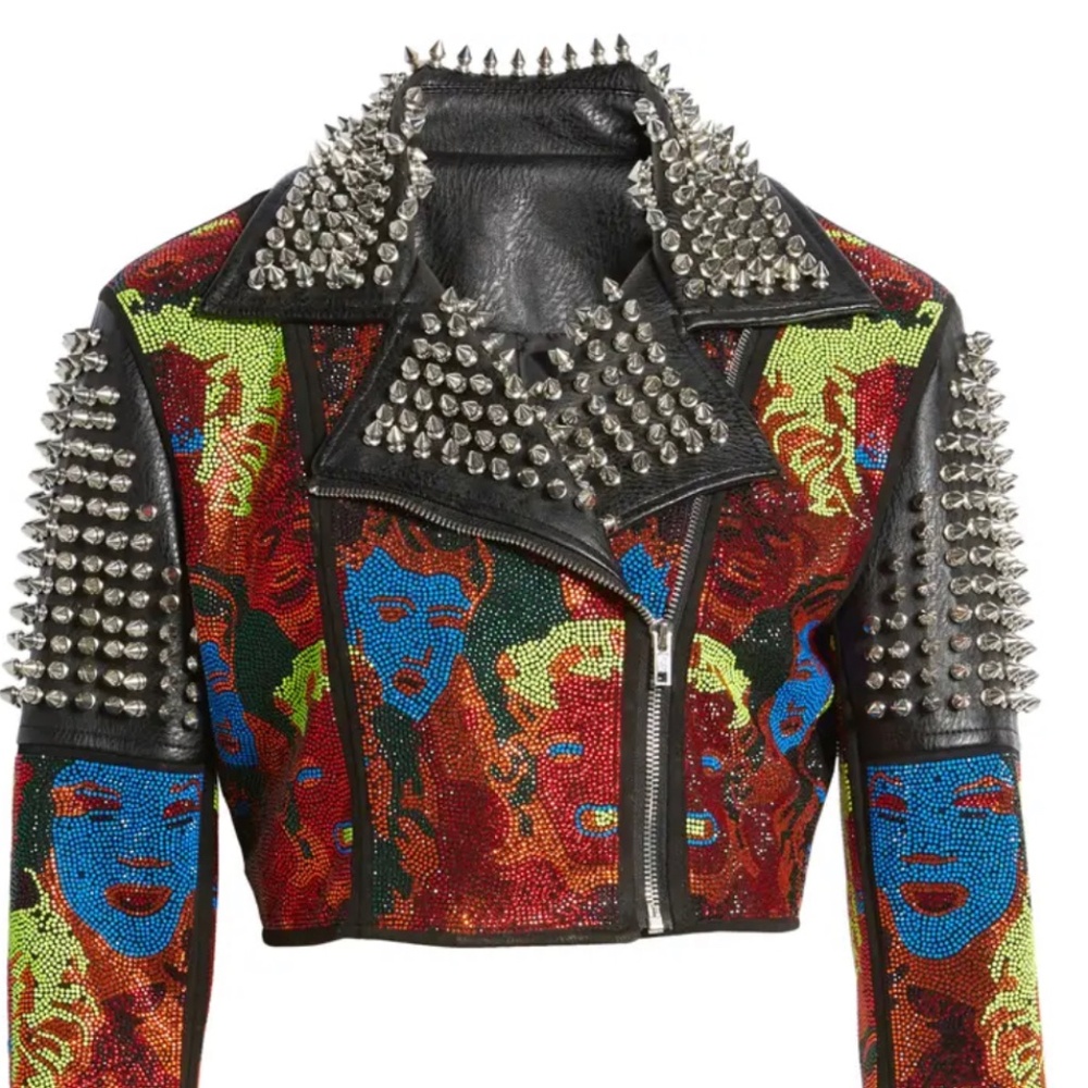 Azela Wang Beaded Faux Leather Crop Moto Jacket
